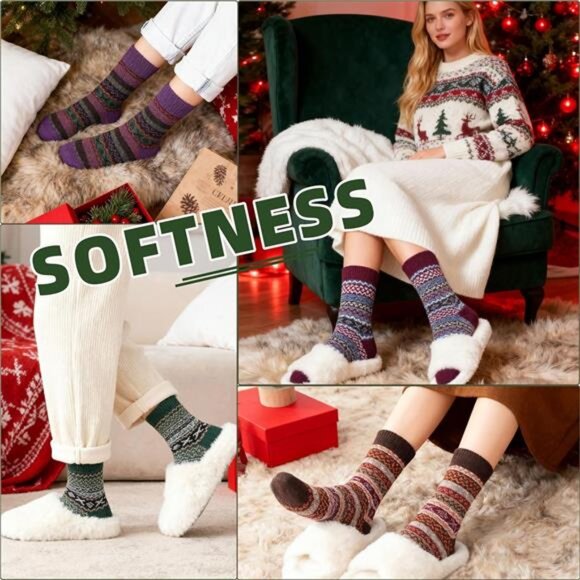 Womens Wool Socks 5 Pairs Winter Warm Thick Knit Wool Soft Vintage Casual Crew - Picture 5 of 7